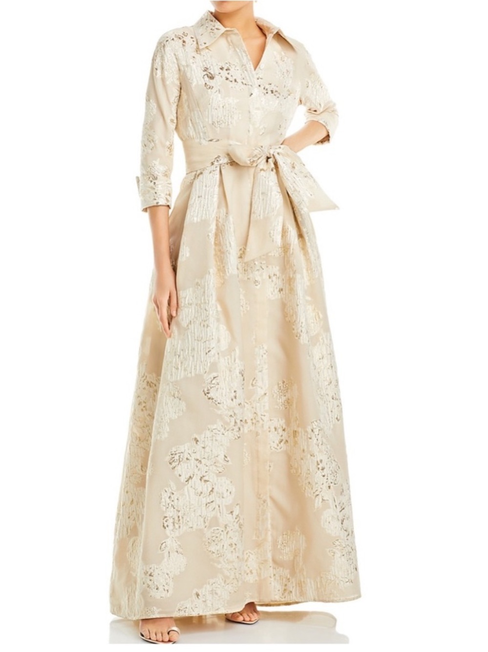 Teri Jon Rickie Freeman Metallic Floral Jacquard Shirt Dress Gown 14 Champagne